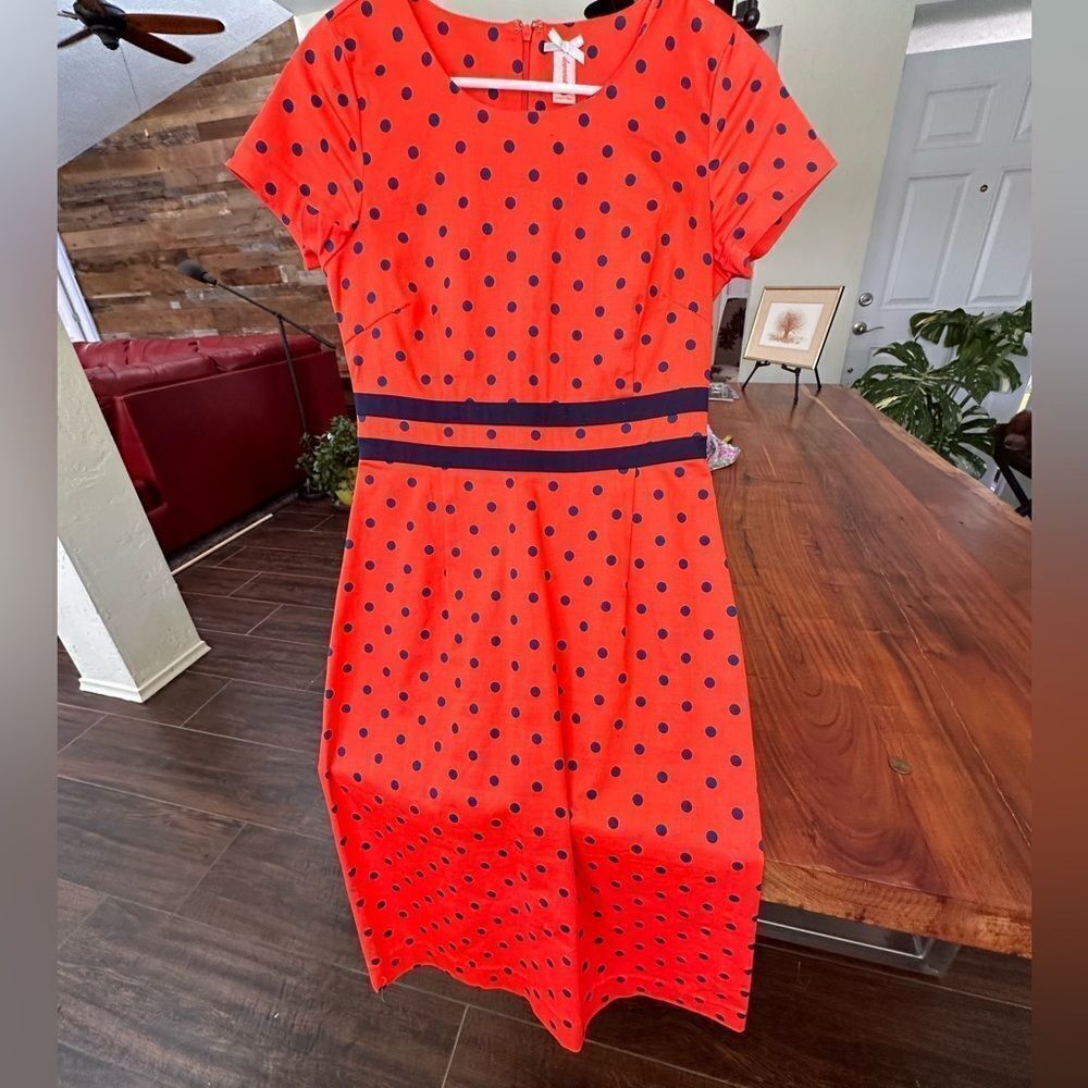 Downeast retro 60’s vibe red-orange and blue stripe  polkadot day dress EUC SZ S